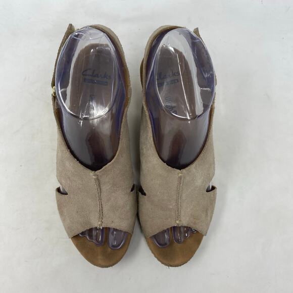 Clarks Helio Float Sandal Tan Suede Slingback Cork Wedge Womens Size 6.5 - Picture 5 of 8